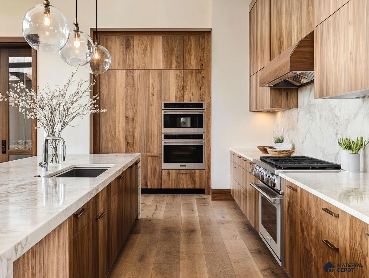 Modern Wooden Kitchen with Marble Accents and Glass Pendant Lights | Material Depot