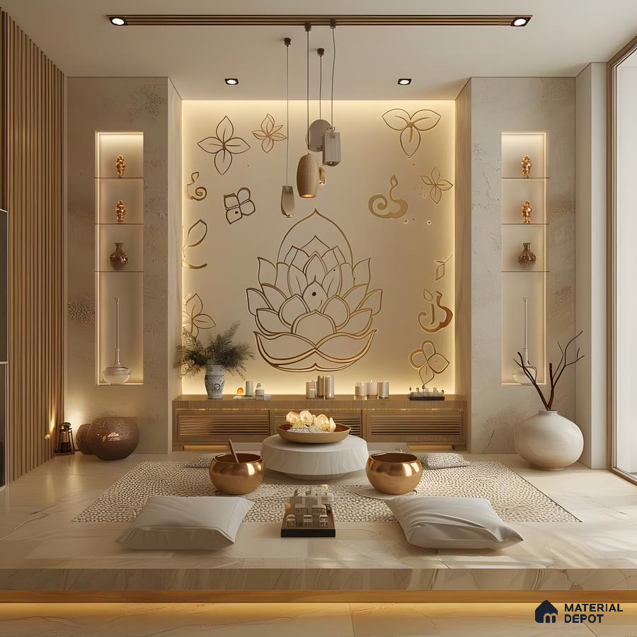 Modern Zen Pooja Room with Lotus Wall Art | Material Depot