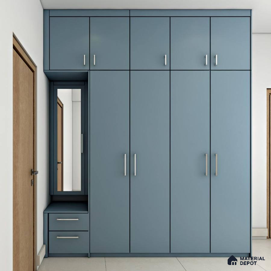 Blue wardrobe with tall mirror