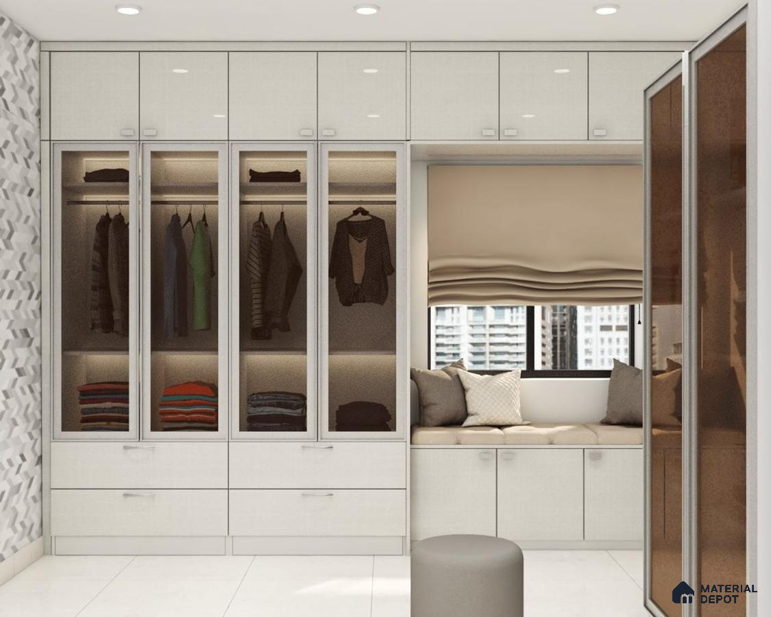 Stylish modern 4-door white wardrobe with brown accents and sitting area