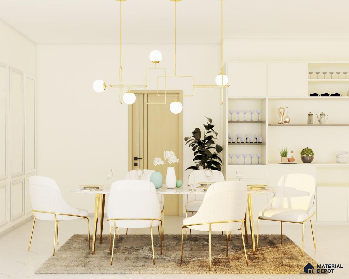 Elegant 6-seater dining room in modern golden white decor with stylish lighting