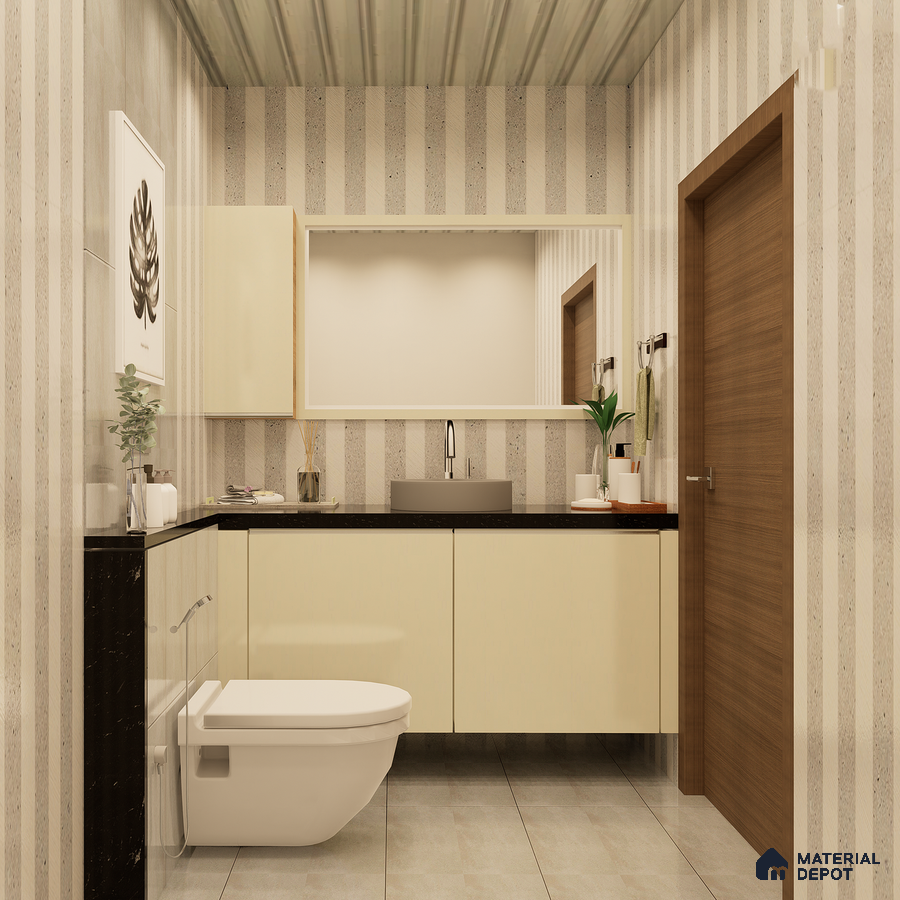 Bathroom with beige tile floor and cream laminate cabinet