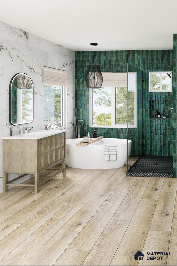 Bathroom with green wall tile and wooden floor