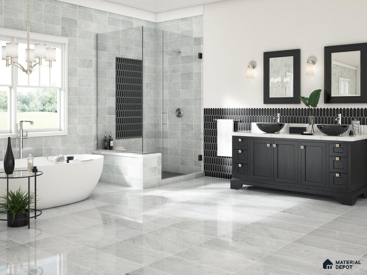 Bathroom with marble floor tiles and black laminate