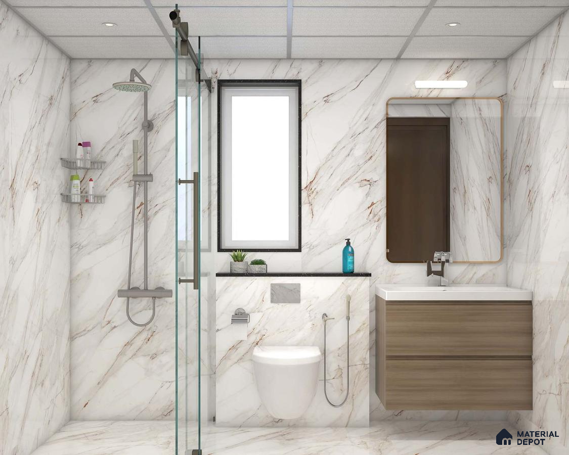 Bathroom with marble walls and floor