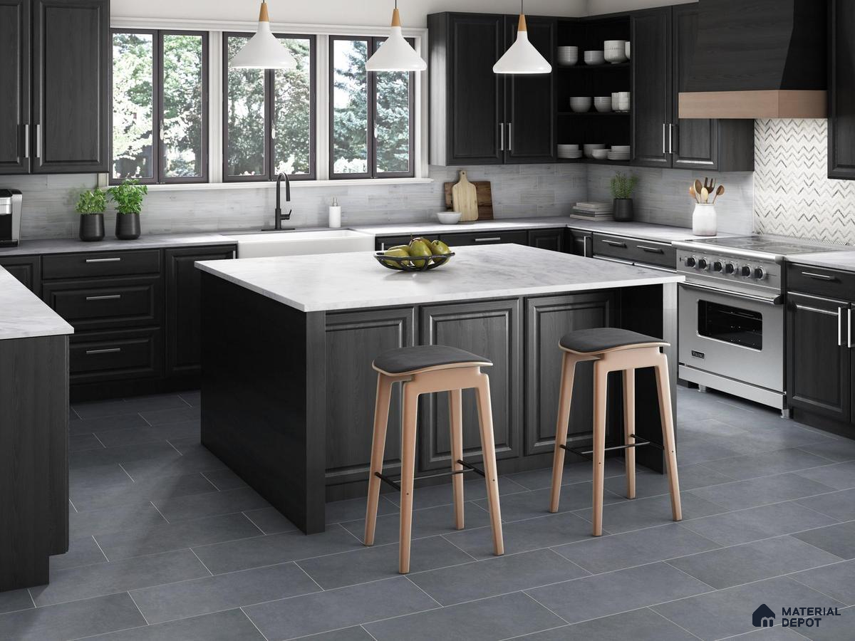 Kitchen with black laminate and grey tiles