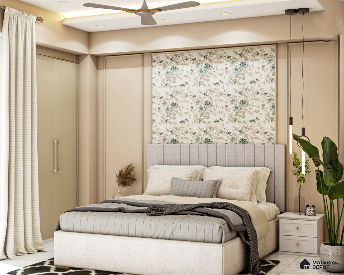 Stylish compact master bedroom with patterned wall and serene decor