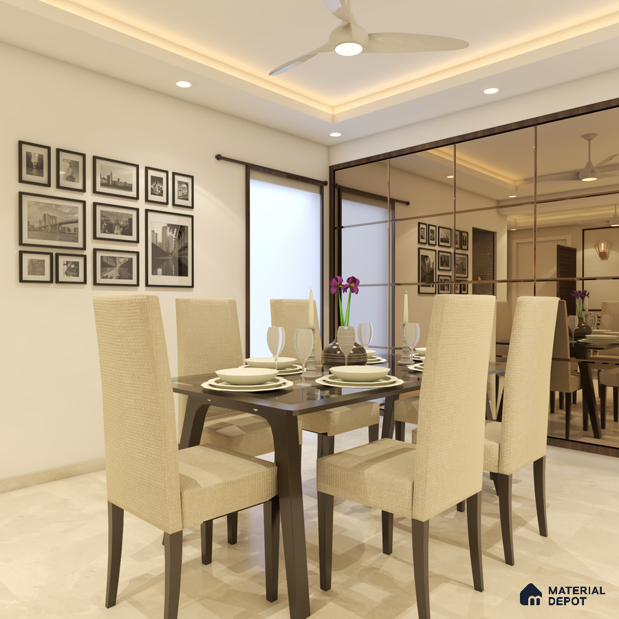 Dining area with mirror panels and beige tiles