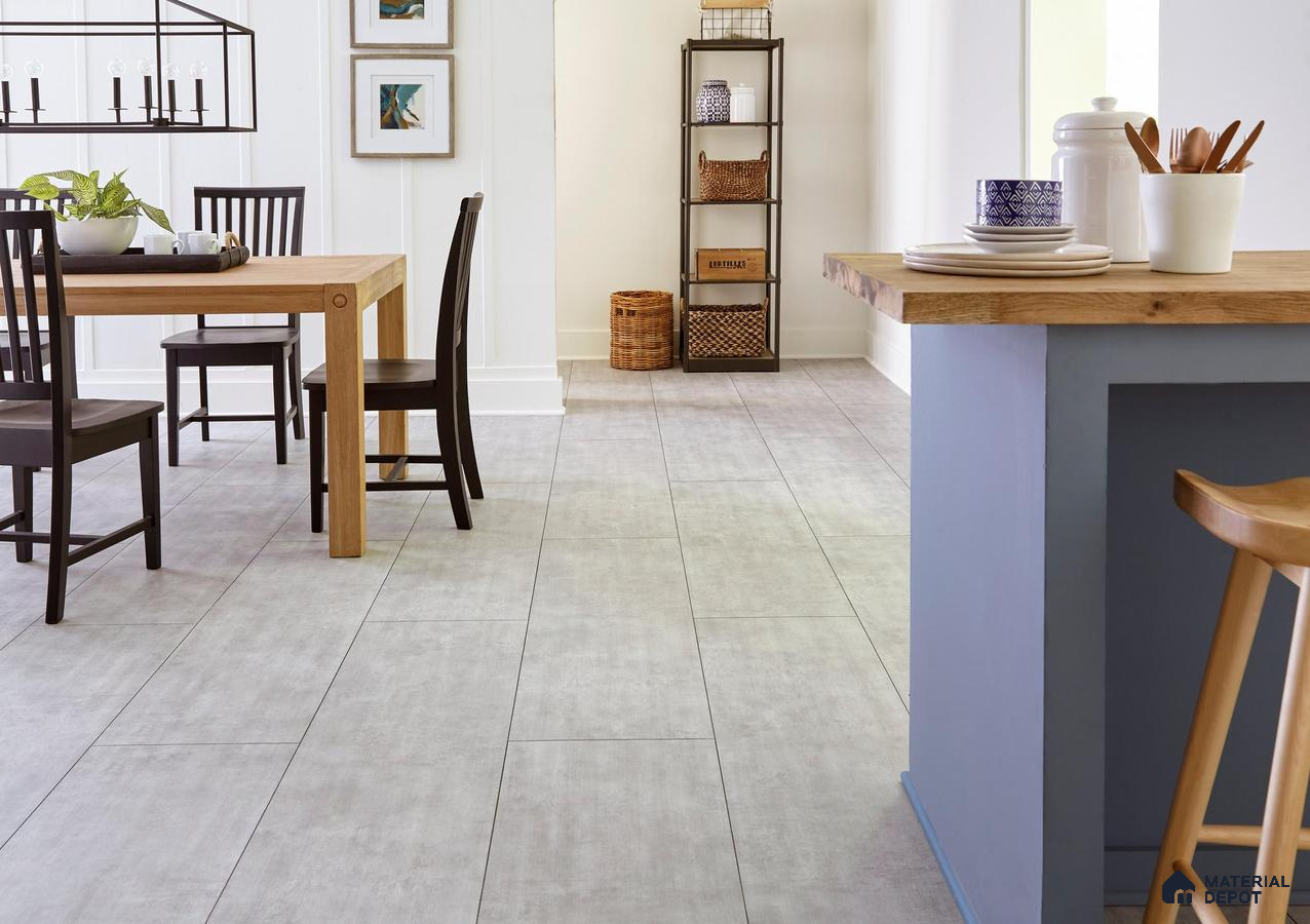 Dining area with Grey tiles with wooden furniture