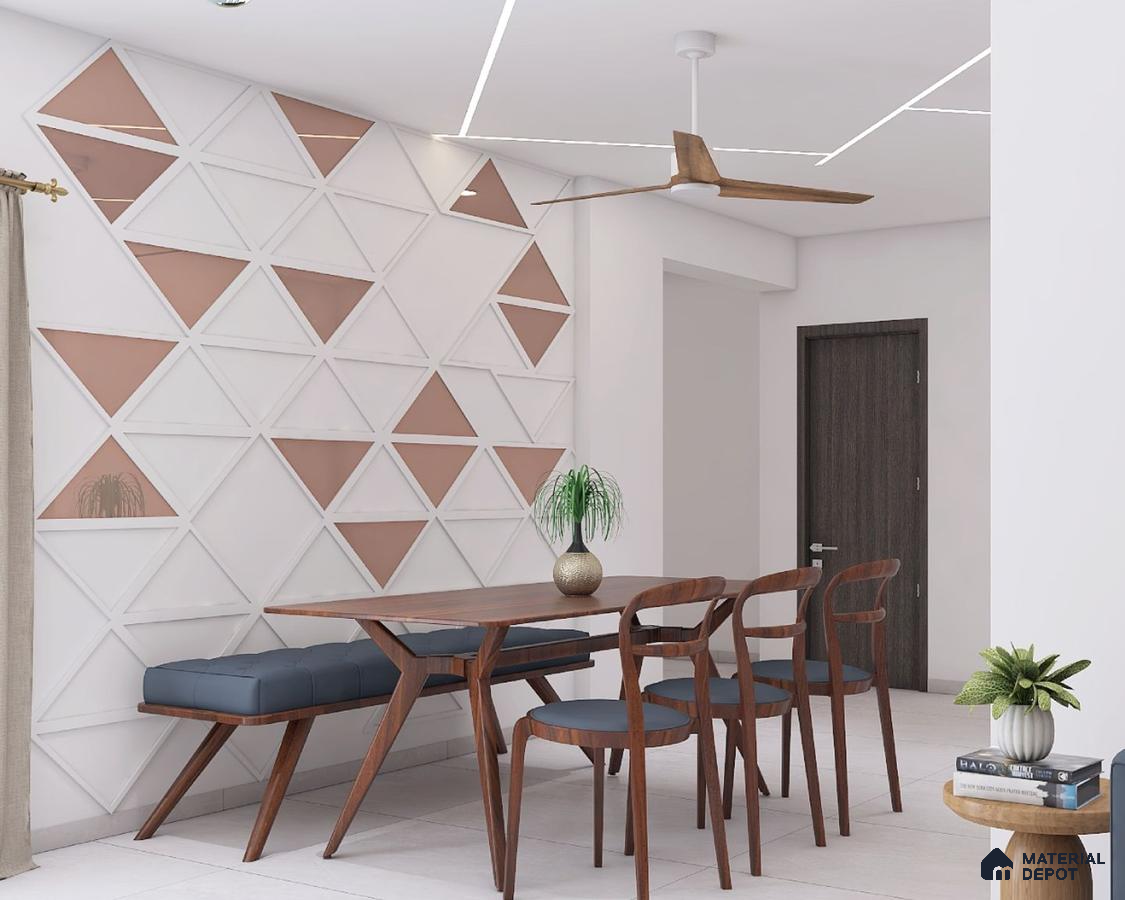 Dining area with six-seater table and marble flooring