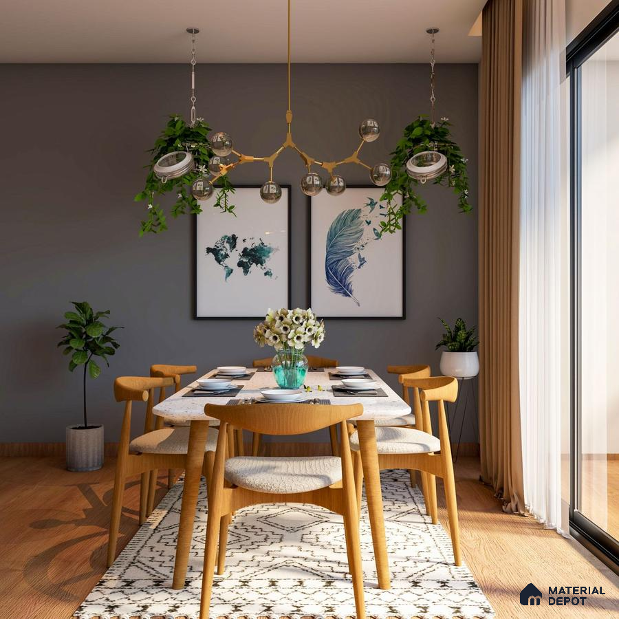 Contemporary spacious dining room: Elegance and harmony in modern design, inviting gatherings with style and comfort.