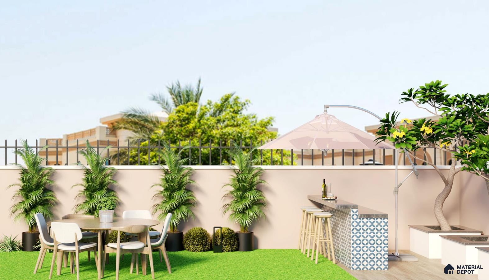 Contemporary open balcony with stylish planters.
