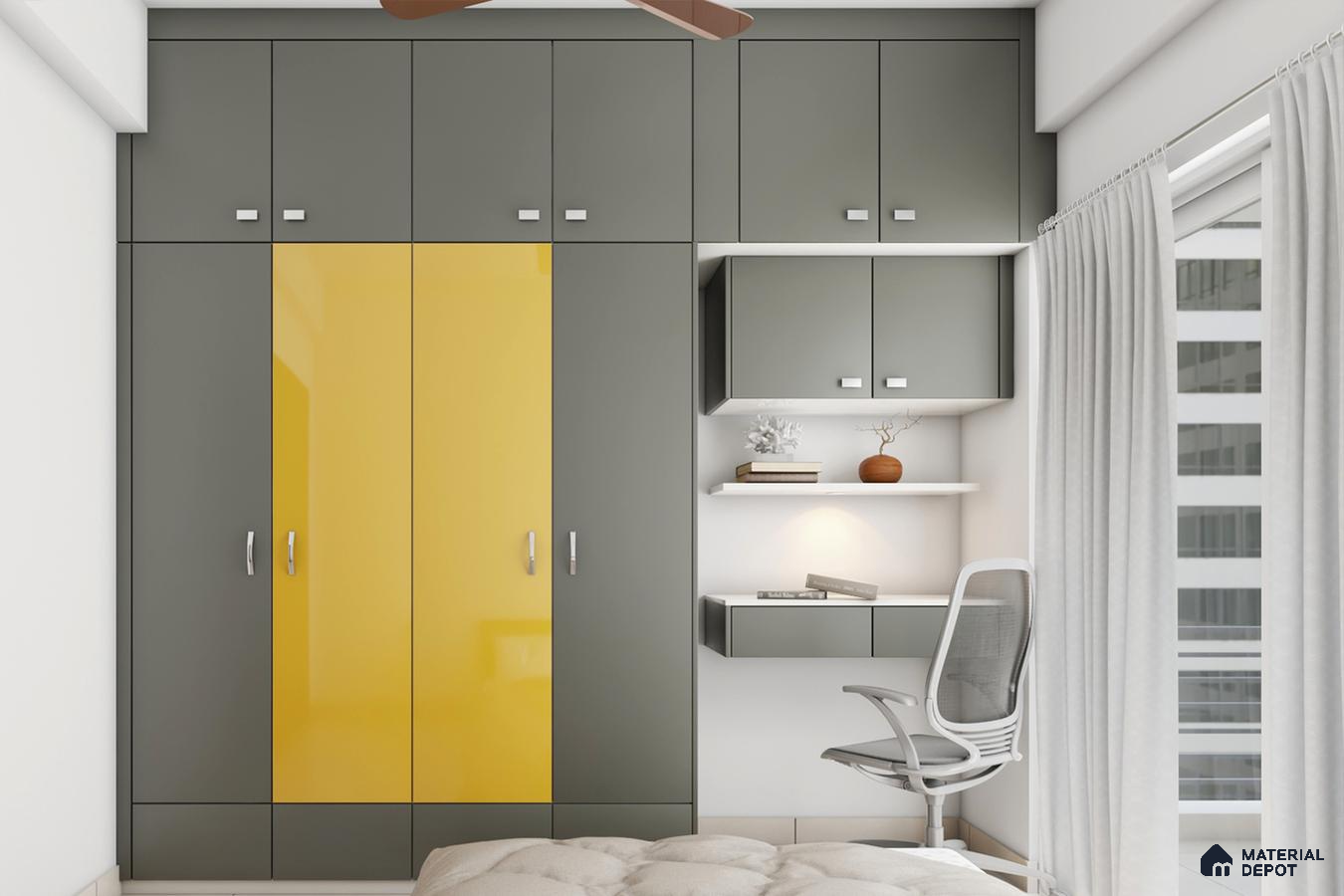 Grey & yellow wardrobe with study table