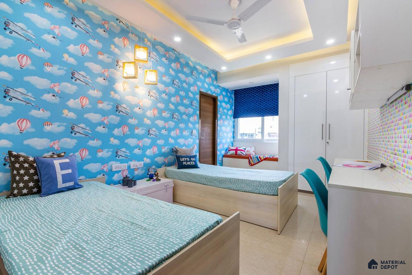 Kids' room with twin single beds and beige floor tiles