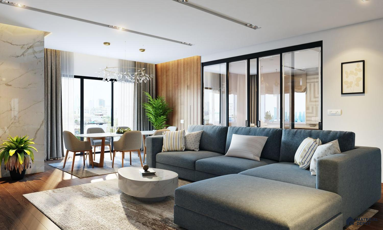 Living room with wooden louvers and wooden laminate floor