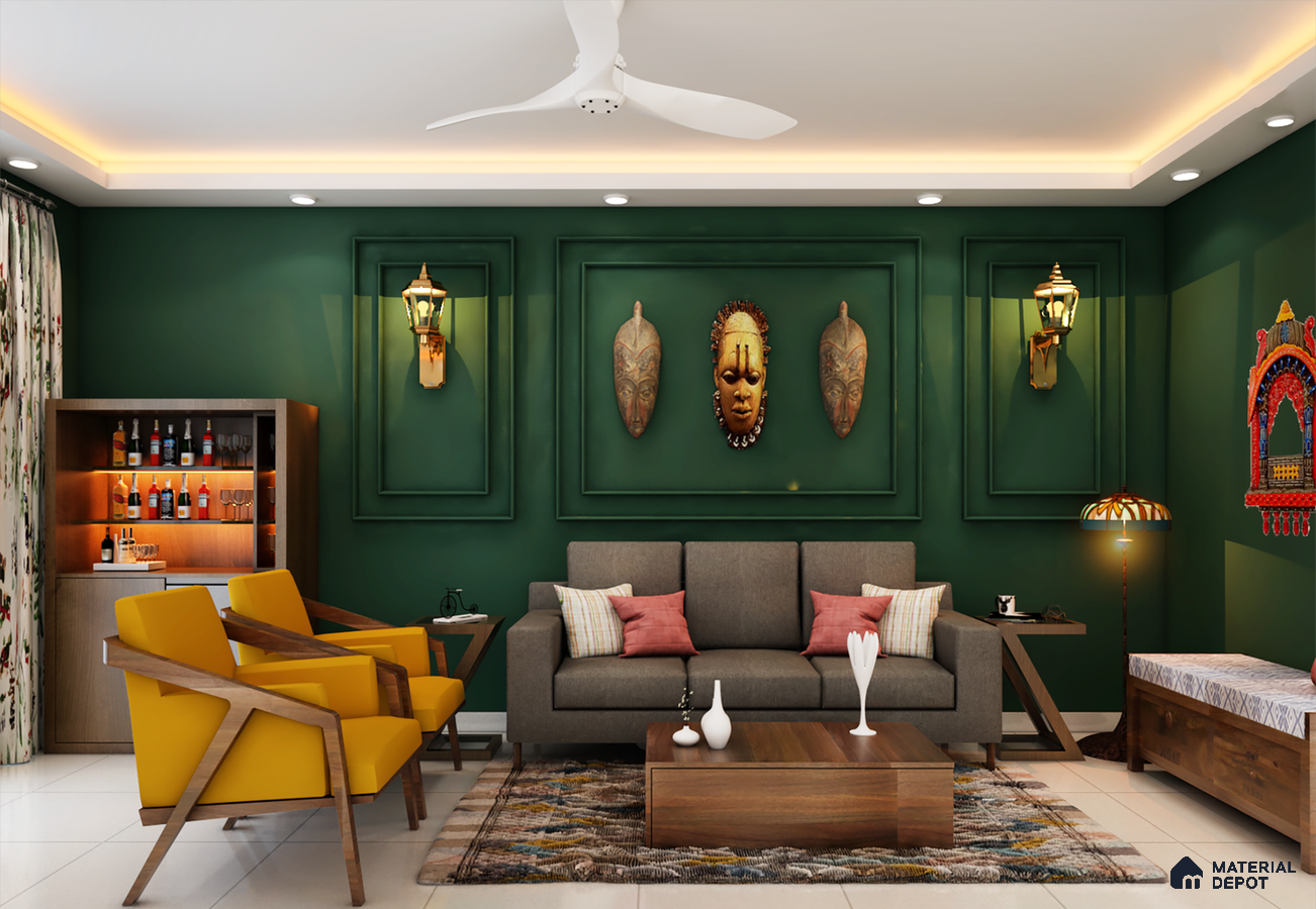 Living room with white floor tiles and wooden laminate bar cabinet