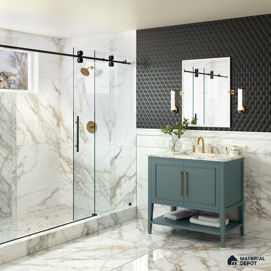 Marble tiled bathroom with green laminate cabinet