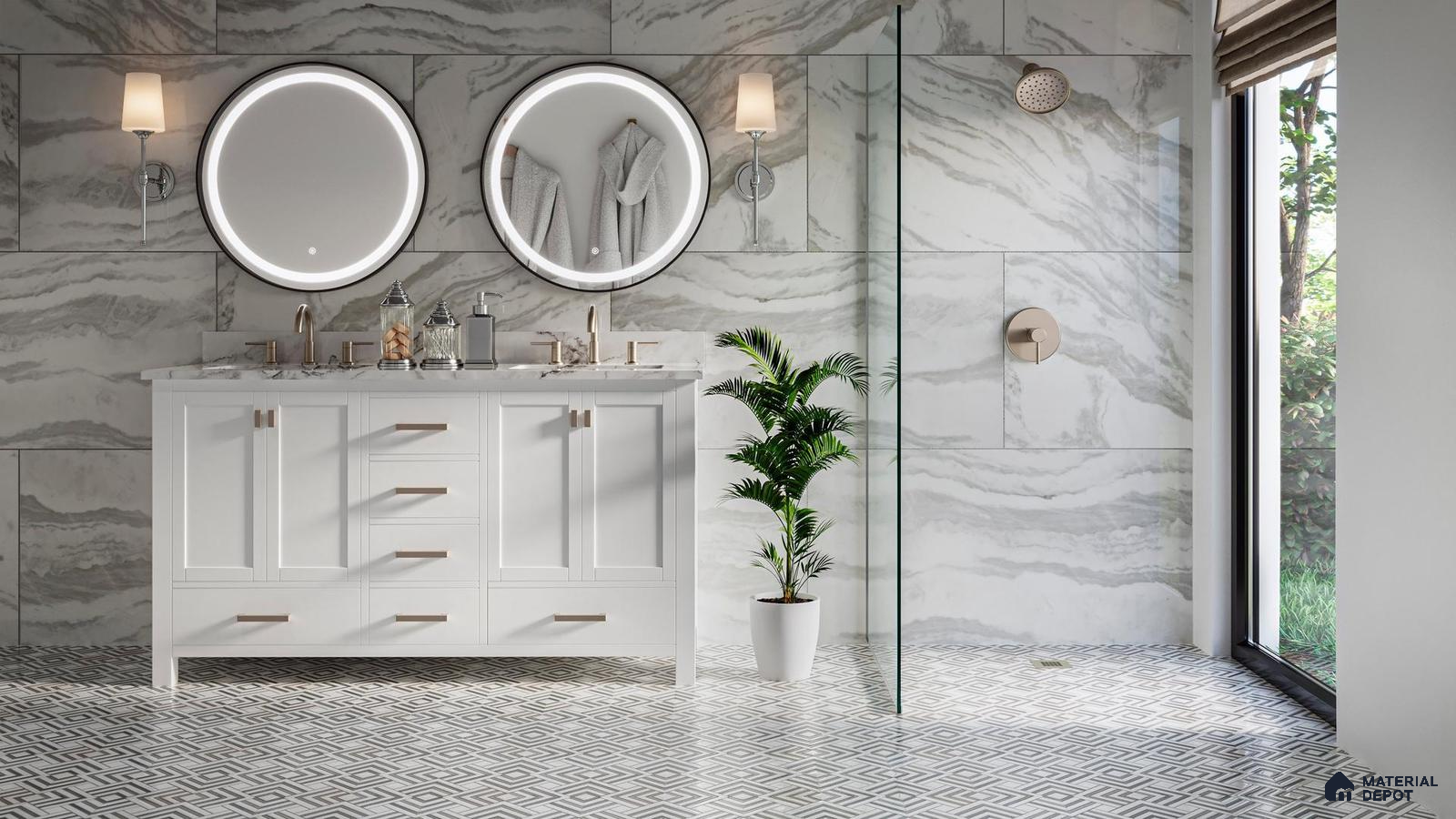 Bathroom with marble tiles and patterned floor tiles