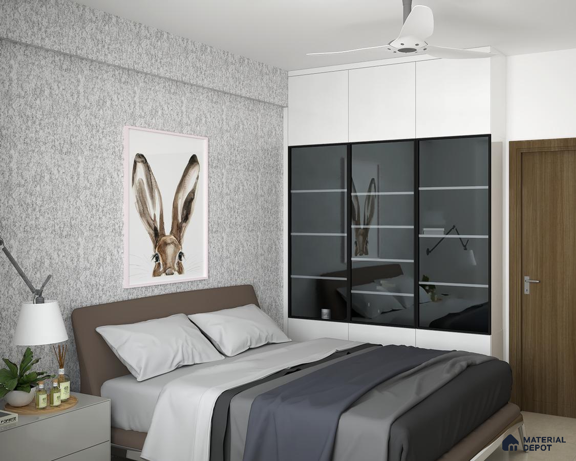 Bedroom with patterned walls and sliding door wardrobe