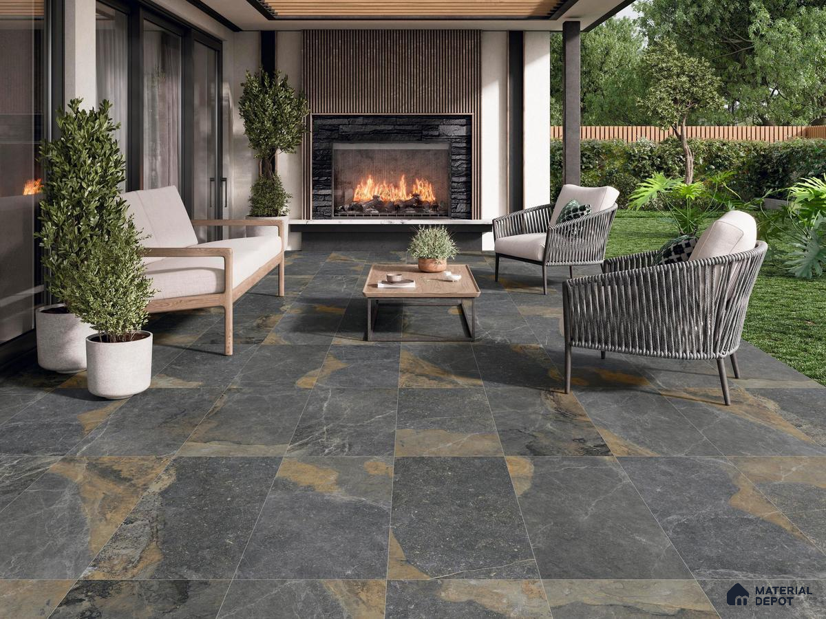 Outdoor place with grey tiles and brown louvers