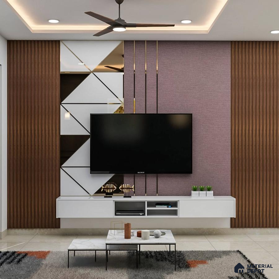 Stylish purple TV cabinet and geometric wall panel.