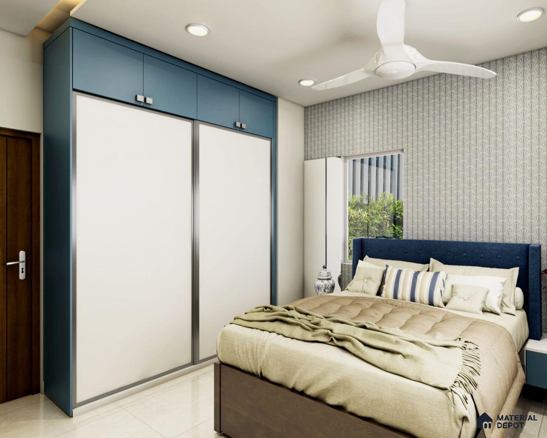 Wardrobe with white and blue laminate doors and sliding mechanism