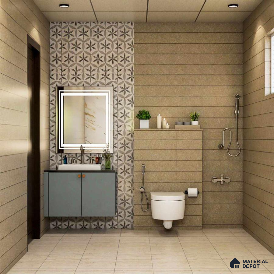 Sleek modern small bathroom with stylish blue vanity for compact design