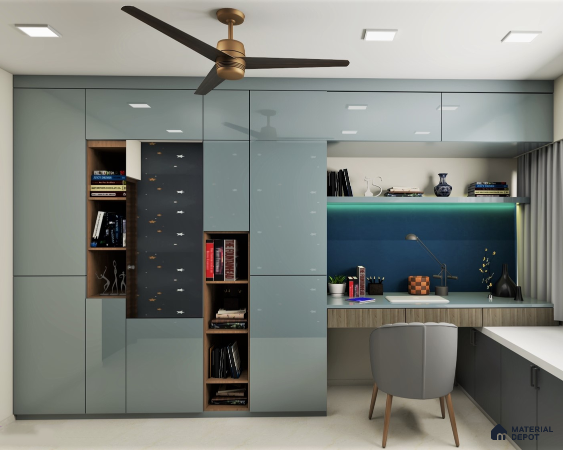 Modern Spacious Kids Bedroom with Bookshelf and Soft Colors