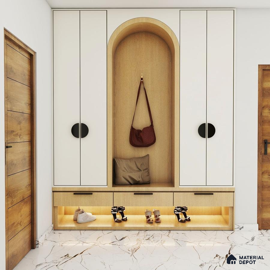 Convenient modern foyer in white and wood with ample storage and elegant design.