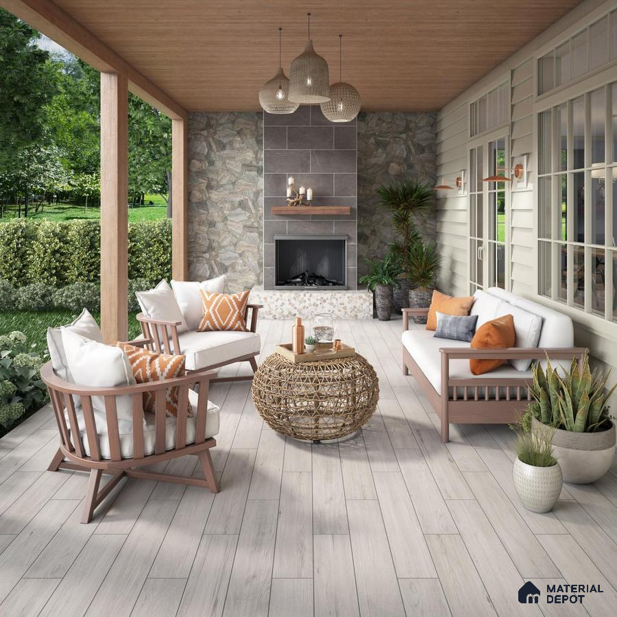 Outdoor place with wooden laminate floor and patterned tiles
