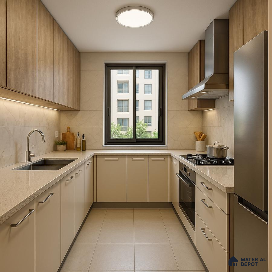 Modular kitchen with wooden laminates in Prestige Somerville 2BHK Whitefield | Material Depot