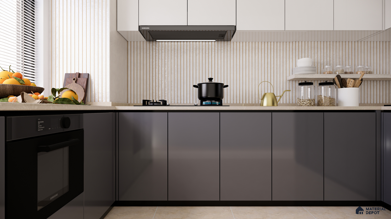 Monochromatic Elegance: Grey and White Kitchen with Textured Details | Material Depot