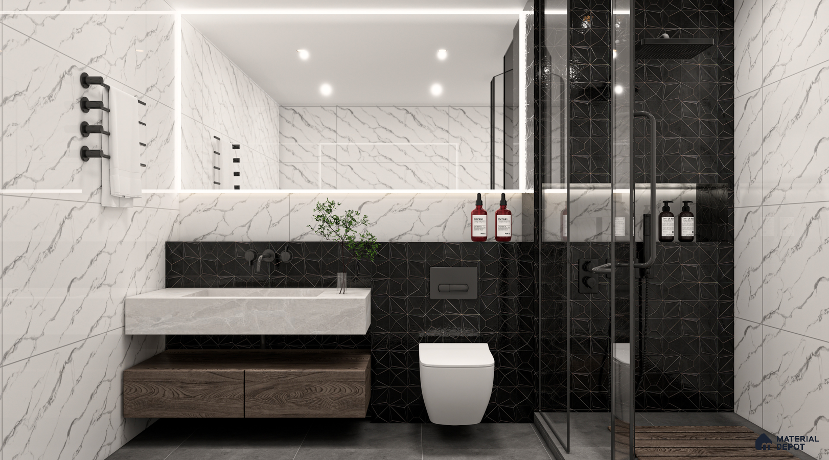 Monochrome Bathroom with Marble and Geometric Black Tiles | Material Depot