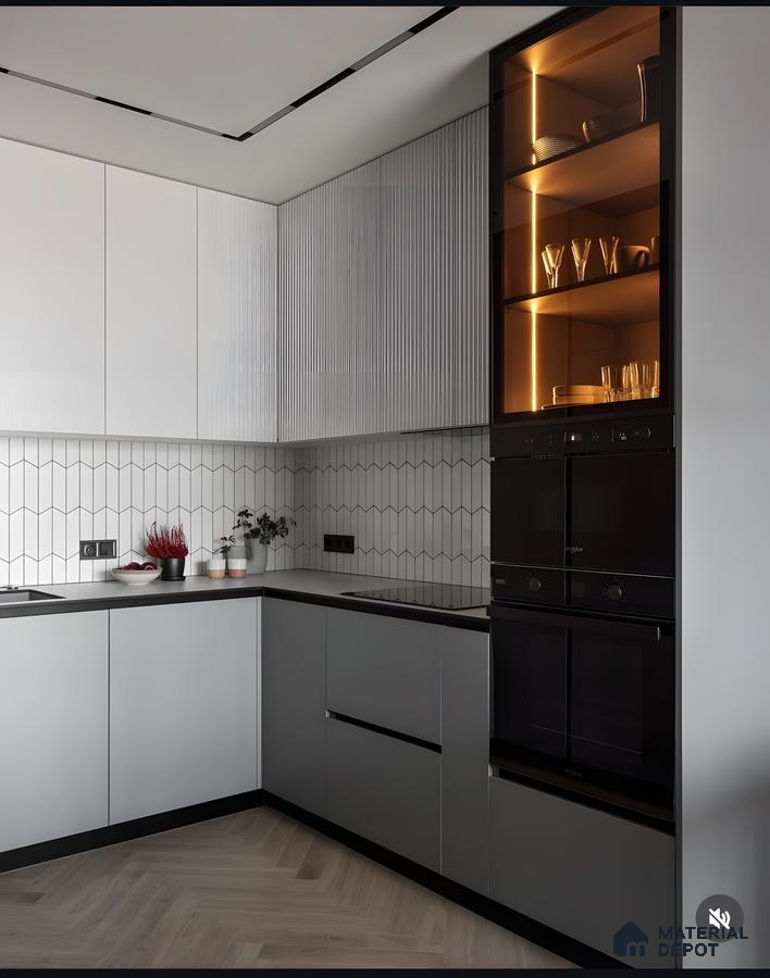 Monochrome Magic: Matte Grey Kitchen With Fluted Panels & Warm-Lit Glass Shelf | Material Depot