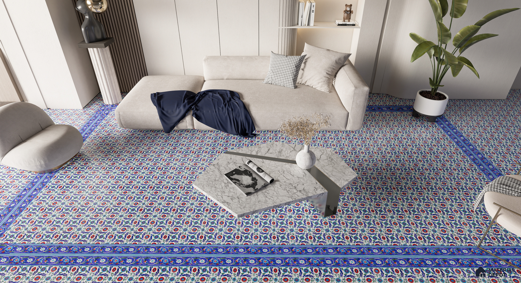 Moroccan themed Blue and Red Floral pattern Carpet tiles in Living Room Flooring | Material Depot