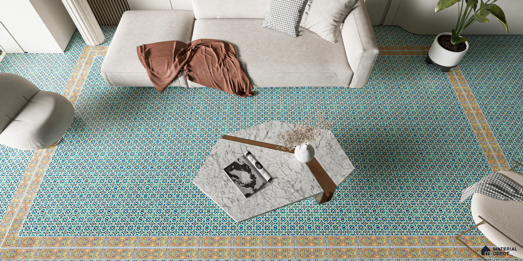 Moroccan themed Green and Yellow Floral pattern Carpet tiles in Living Room Flooring | Material Depot