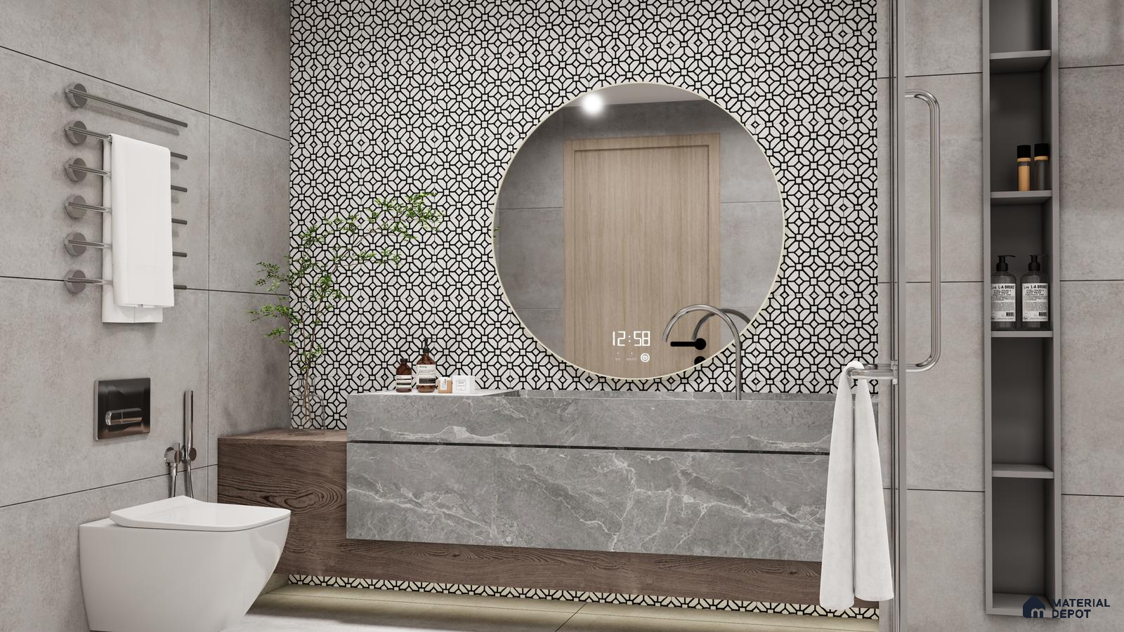Moroccan-Inspired Monochrome Washroom with a Statement Mirror Wall | Material Depot