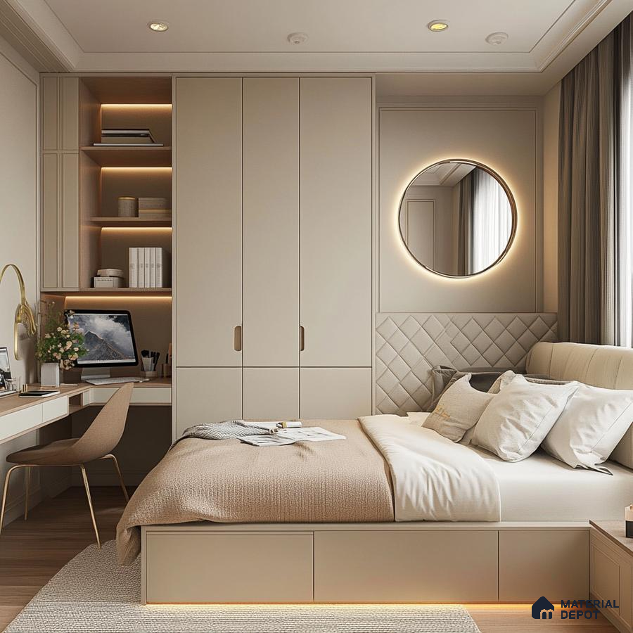 Multifunctional and Stylish Bedroom Design with Built-in Desk and Storage Birla Evara Sarjapur Road | Material Depot