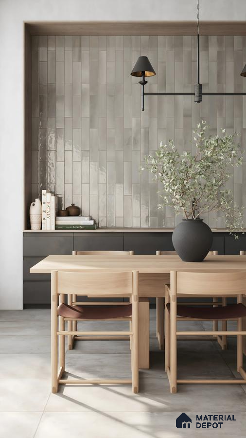Natural Kichen and Dining Interior Design and Grey Glossy Subway Backsplash Brigade Komarla Heights Padmanabhanagar | Material Depot