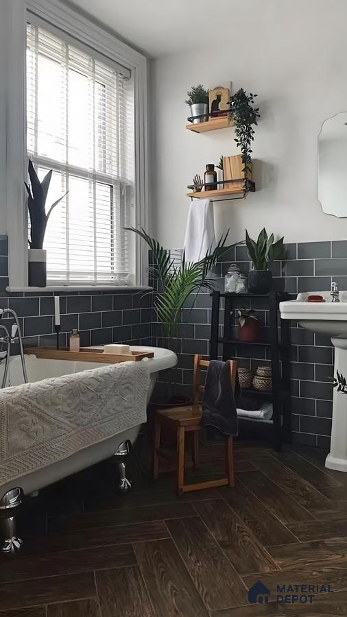 Nature-Inspired Bathroom Retreat Highlighting Dark Wood Tones and Greenery | Material Depot