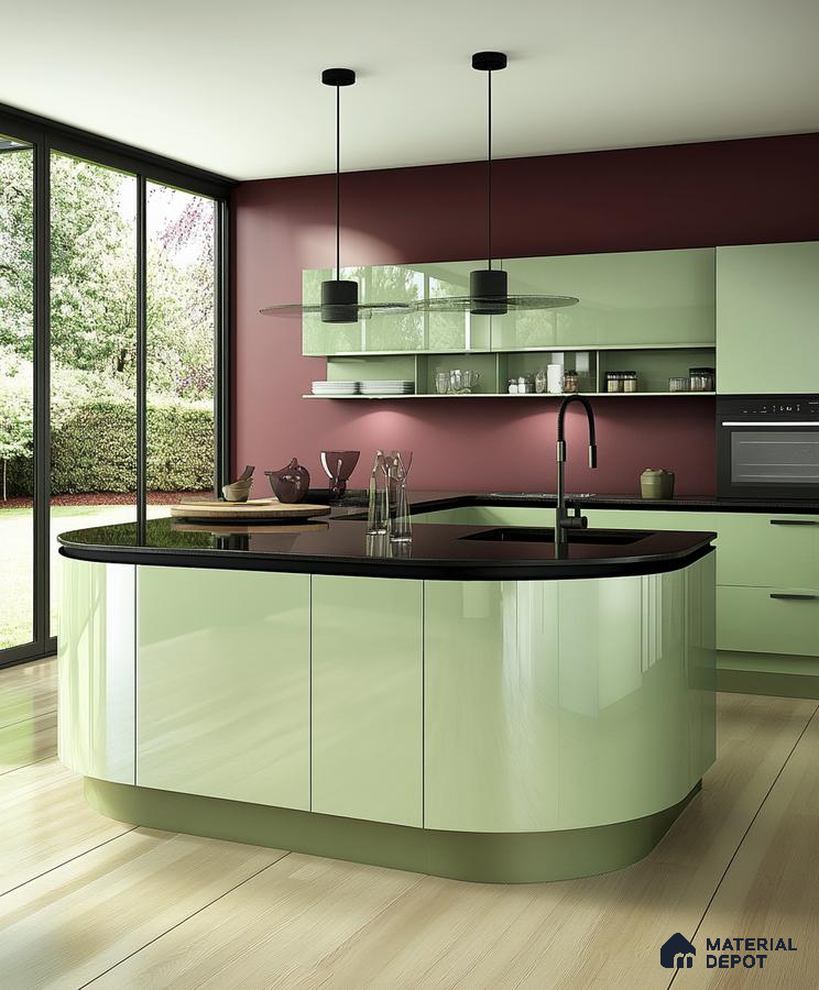 Nature-View Curved Kitchen with Burgundy and Green Palette | Material Depot