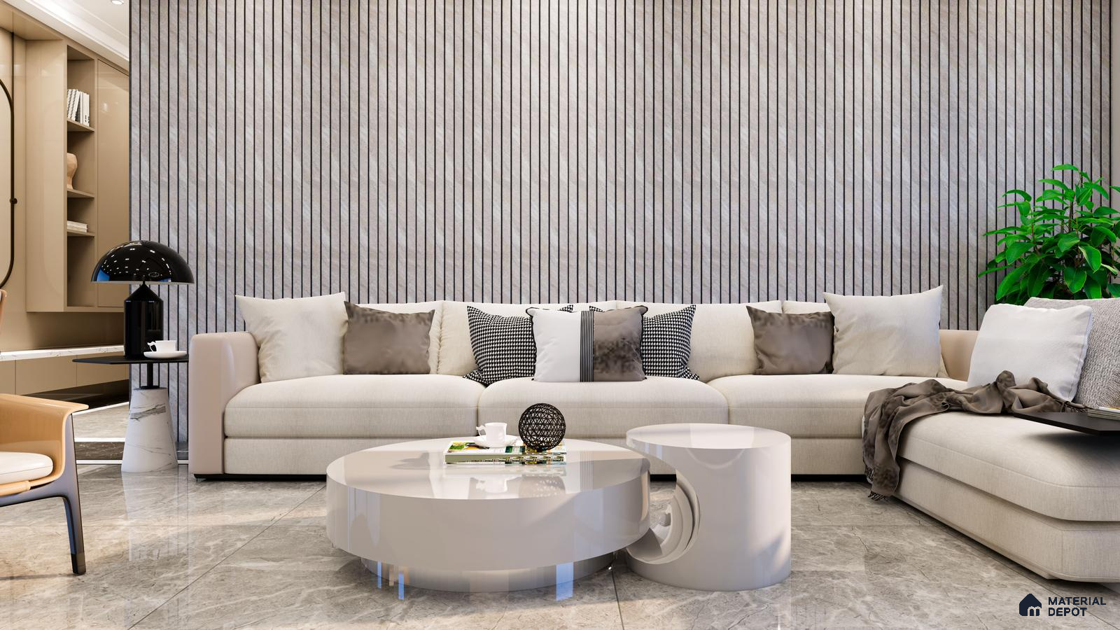 Neutral Living Room with Grey Fluted Panels and Modern Glossy Accents | Material Depot
