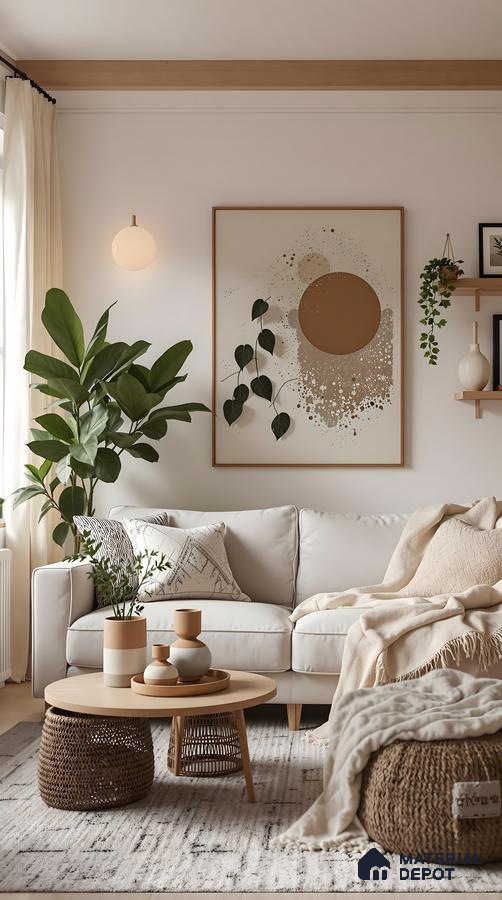 Neutral Sofa And Minimalist Bohemian Decor - Earth Tone Art Print Focus | Material Depot