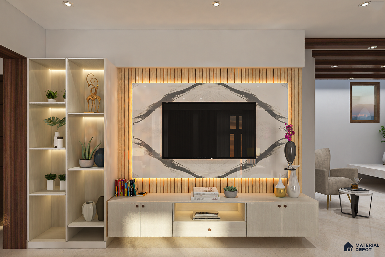Compact TV Unit in Neutral Elegance with Decorative Vase