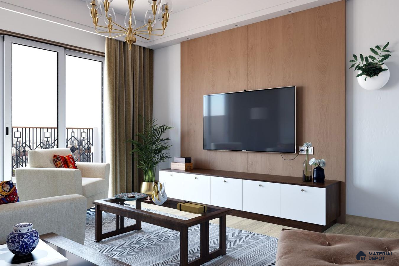Scandinavian TV Unit with Wooden Panel.