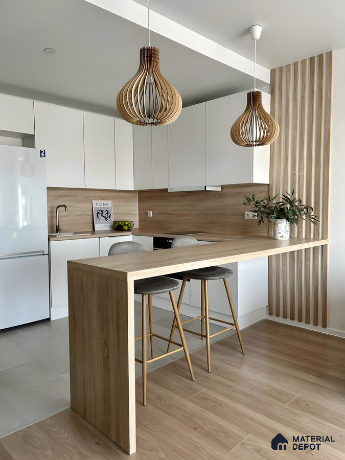 Nordic Minimalist Kitchen With White Cabinets, Oak Accents & Sculptural Wooden Lighting | Material Depot