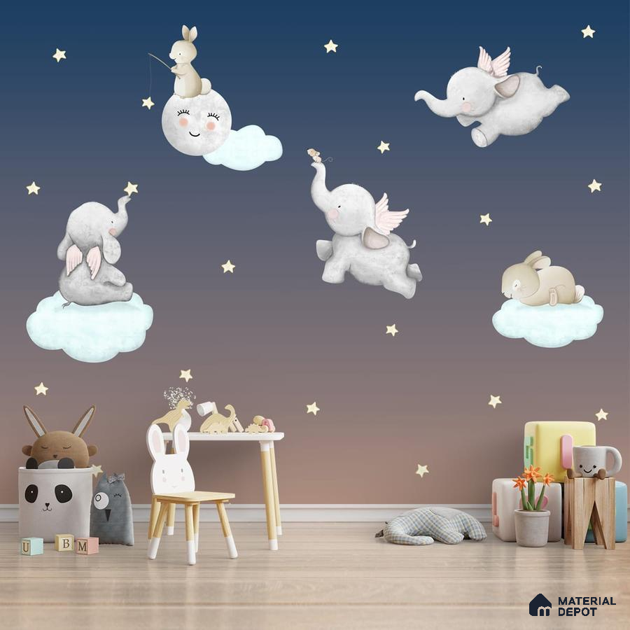 A close-up of a Cute Elephants and Bunnies in Nursery Kids Room Wallpaper Sparkla N Shine Series Entertainment Design (Customised Size Wallpaper) with a finish available at Material Depot in Bangalore