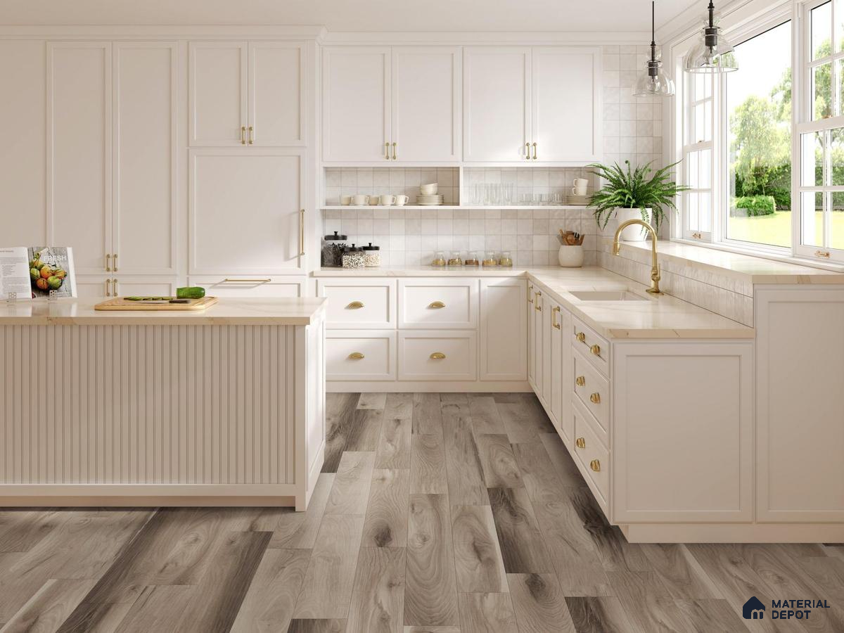 Kitchen with white cabinets and white tiles