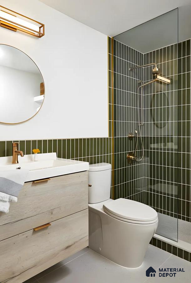 Olive Green and Oak Bathroom with Vertical Tile Accents | Material Depot