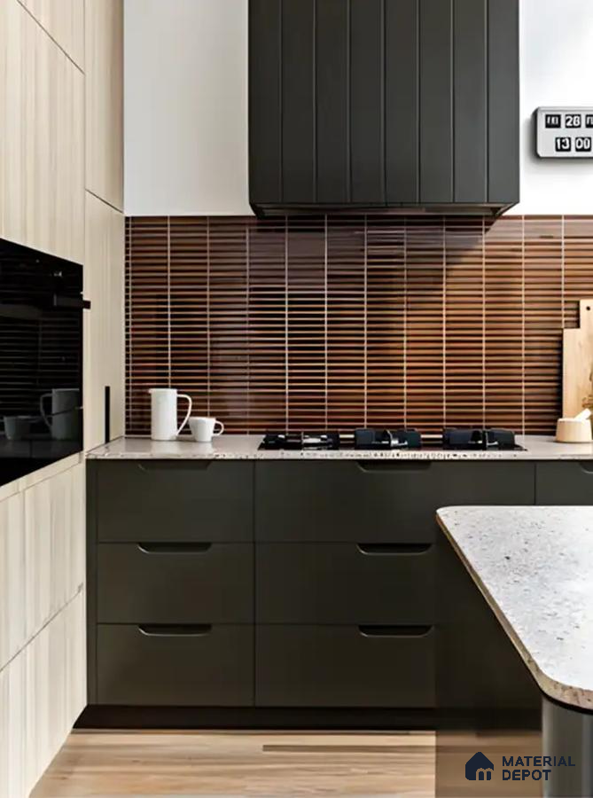 Olive Green and Terracotta Kitchen with Textured Backsplash | Material Depot